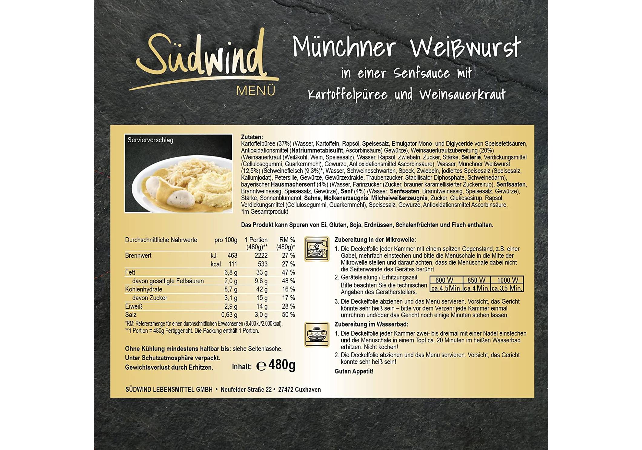 Lebensmittel & Getränke :: Fertiggerichte :: Münchner Weißwurst mit  Kartoffelpüree und Weinsauerkraut - 7er Pack (7 x 480g) - Fertiggerichte  für die Mikrowelle / Wasserbad - Südwind Lebensmittel -   - Ökologische Produkte online kaufen.